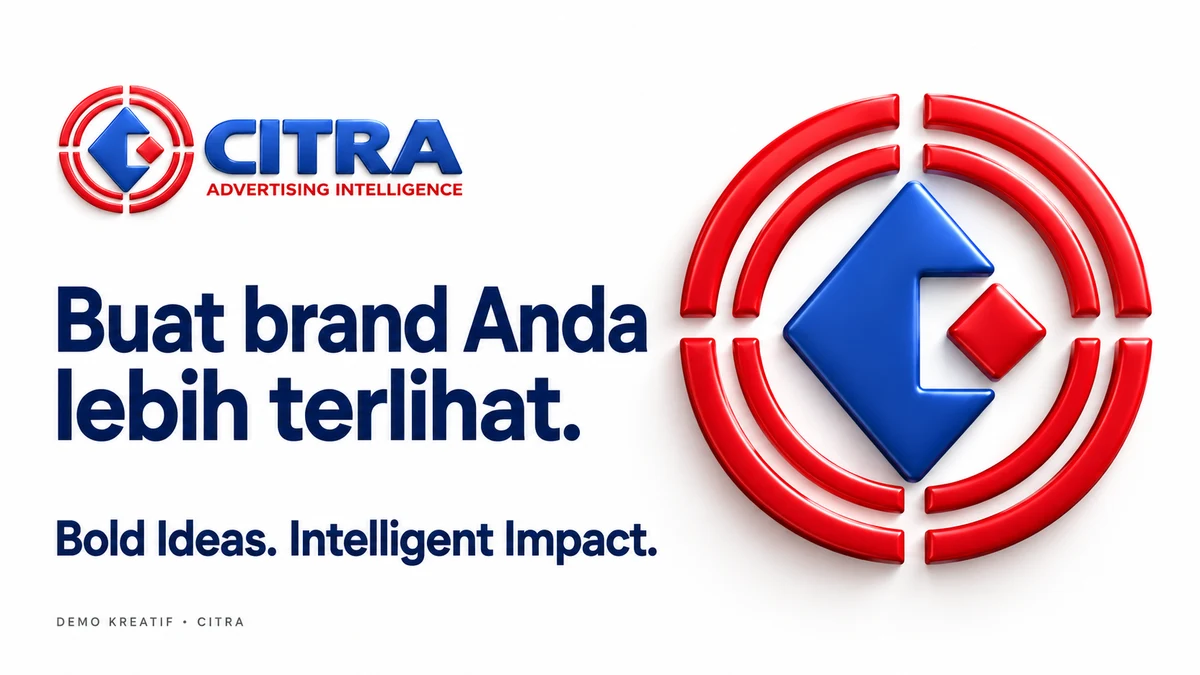 Desain demo Citra dengan headline Buat brand Anda lebih terlihat dan emblem merah biru di latar putih.