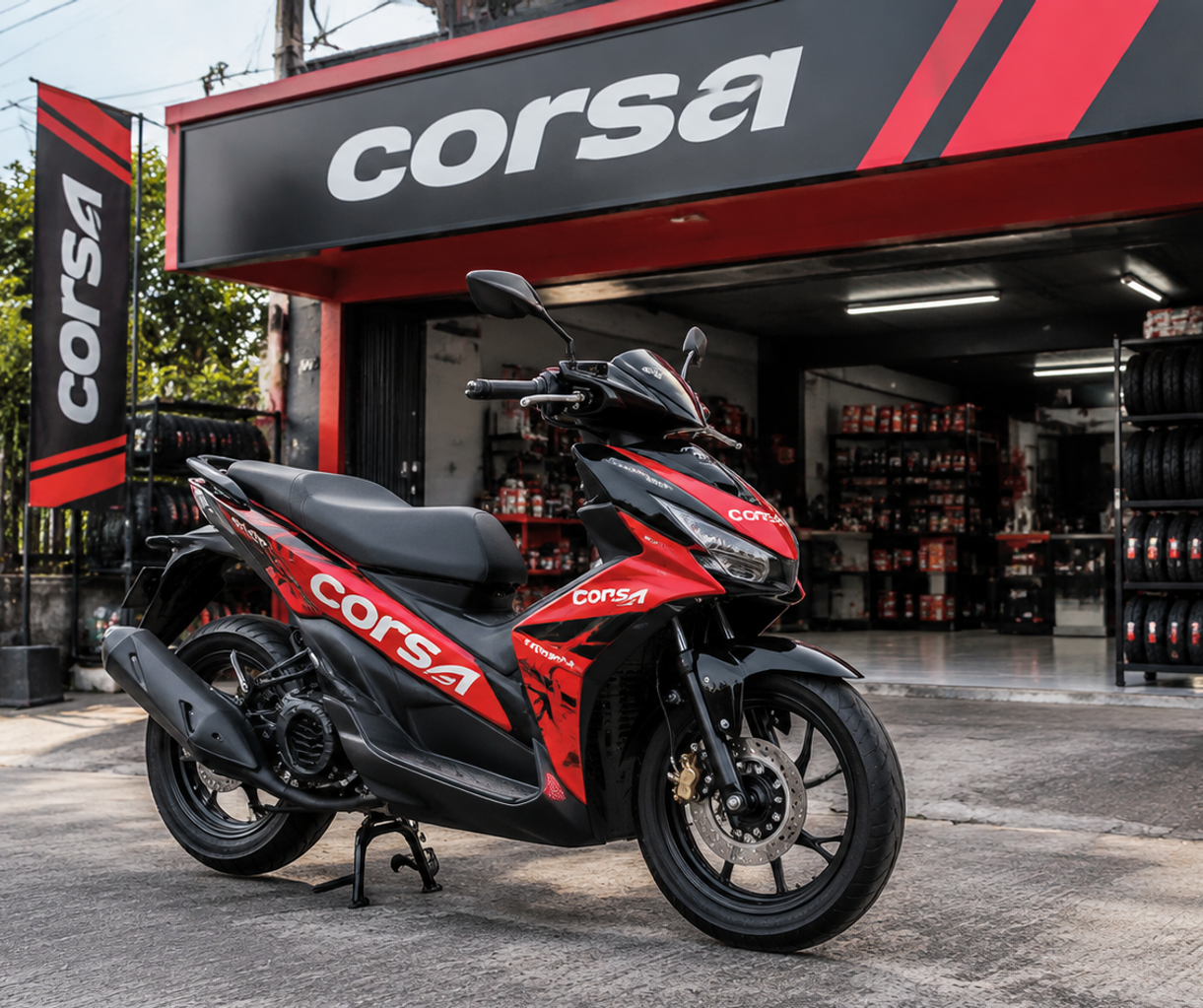 Rekreasi generatif Corsa yang disetujui; bukan foto dokumentasi asli. Corsa — Branding Kendaraan